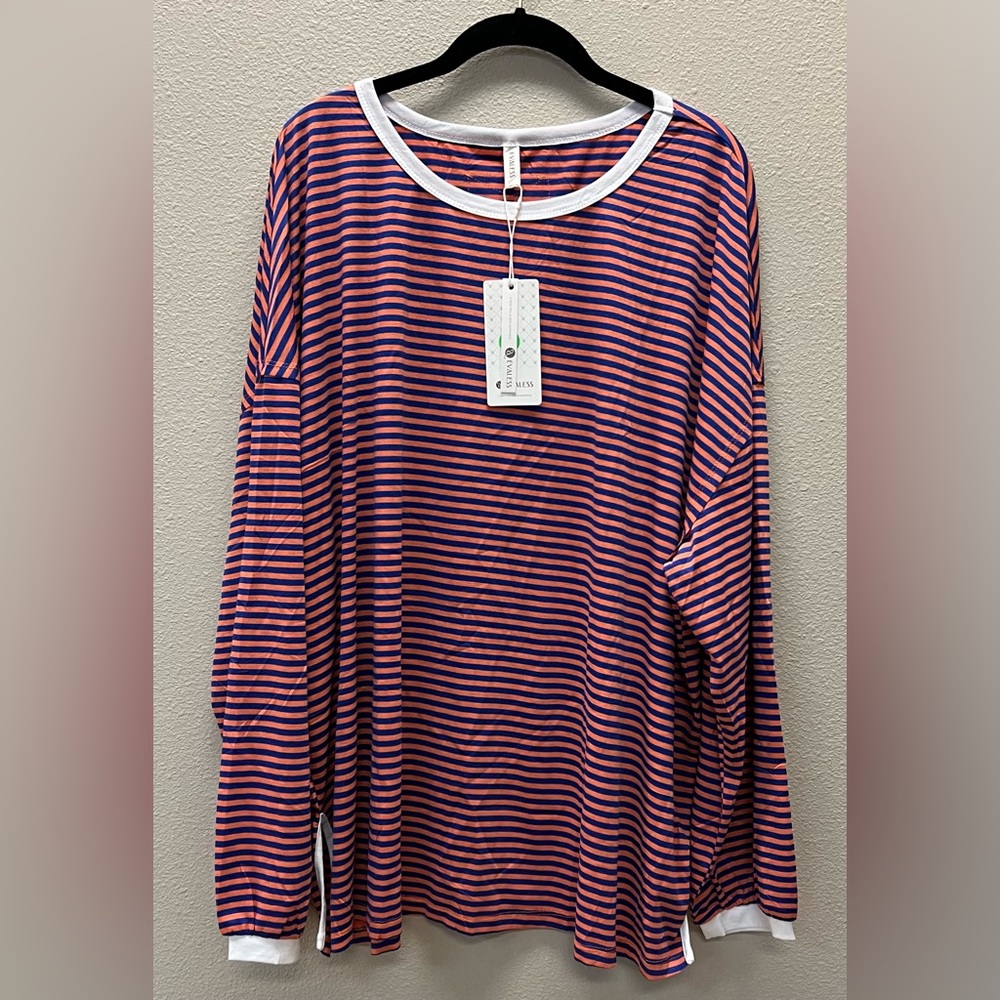 Evaless - 2XL NEW With Tags -Striped Orange and Navy LS Top with White Trim